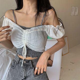 Set: Short-sleeve Top + Camisole Top Set - Top - White - One Size / Camisole Top - Gray - One Size
