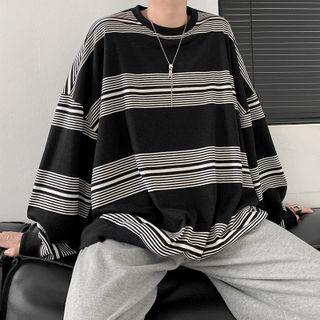Long Sleeve Round Neck Stripe Oversized T-shirt