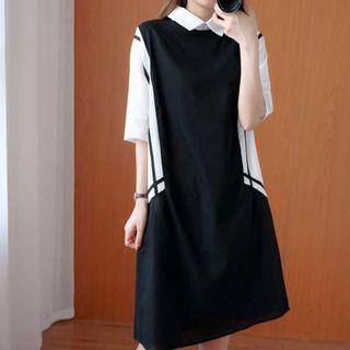Two-tone Collared Elbow-sleeve A-line Dress