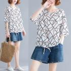 Elbow-sleeve V-neck Geometric Print Top Pink Print - White - One Size