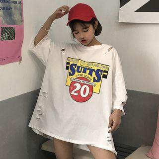 Print 3/4-sleeve Distressed T-shirt