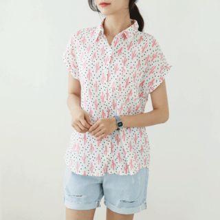 Cap-sleeve Cactus Patterned Shirt