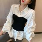 Puff-sleeve Color Block Slim Fit Blouse