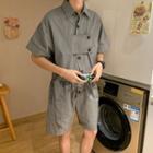 Plain Cargo Button-up Straight-cut Jumpsuit