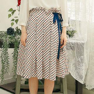 Beribboned Plaid Midi Pleat Skirt