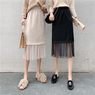 High-waist Mesh Panel Knit Skirt