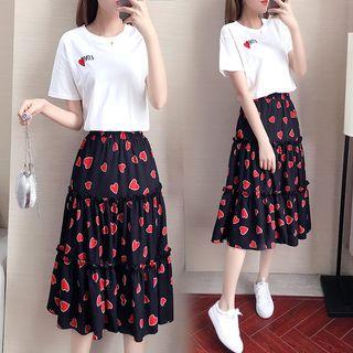 Set: Lettering Short-sleeve T-shirt + Heart A-line Midi Skirt