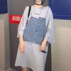 Set: 3/4-sleeve Lettering T-shirt Dress + Spaghetti-strap Denim Top