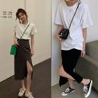 Short-sleeve Plain T-shirt / Side-slit Midi Pencil Skirt