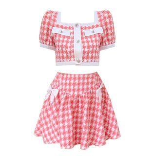 Set: Puff-sleeve Houndstooth Crop Top + A-line Skirt