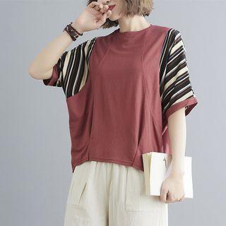 Elbow-sleeve Print Panel Blouse
