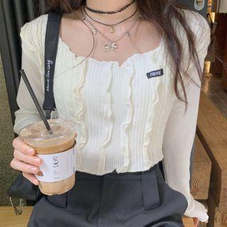 Frill Trim Cropped Knit Top White - One Size