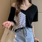 Short Sleeve V-neck Dotted Panel Mock Two Piece Top