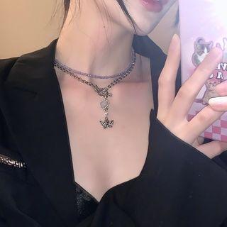Set: Heart Pendant Alloy Choker + Bead Choker Set Of 2 - Purple & Silver - One Size