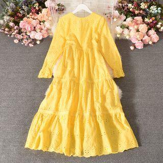 Long-sleeve Tiered Eyelet Lace Midi A-line Dress
