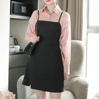 Set: Cutout-hem Pinafore Dress + Long Shirt
