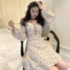 Floral V-neck Long-sleeve Slim-fit Dress As Figure - One Size