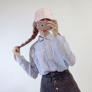 Long-sleeved Lettering Gingham Blouse