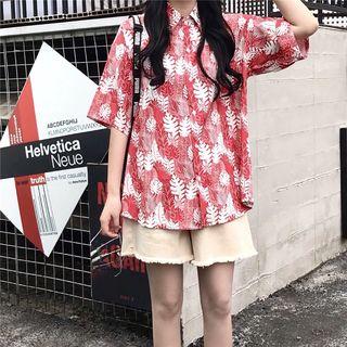 Elbow-sleeve Patterned Shirt Red - One Size