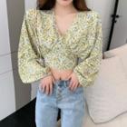 V-neck Lantern Sleeve Tie-back Floral Print Crop Top Yellow Floral Top - One Size