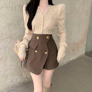 Long-sleeve V-neck Blouse / High-waist Skort (various Design)