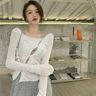 Long-sleeve Button-up Slim-fit Top White - One Size