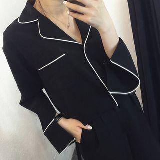 Contrast Trim V-neck Long-sleeve Shirt