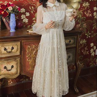 Long-sleeve Lace Collared Midi A-line Dress