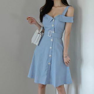 Cold-shoulder Button Midi A-line Dress