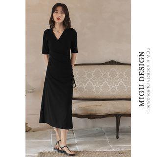 Short-sleeve Midi A-line Wrap Knit Dress
