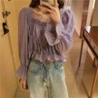 Shirred Lace-up Blouse Cream Purple - One Size