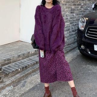 Long-sleeve Furry Plain Sweater / High-waist Floral Skirt
