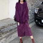 Long-sleeve Furry Plain Sweater / High-waist Floral Skirt