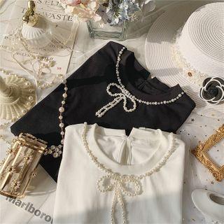 Faux Pearl Bow Short-sleeve T-shirt