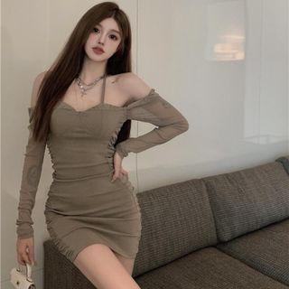 Long-sleeve Halter-neck Off-shoulder Mini Sheath Dress