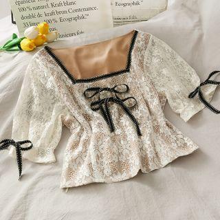 Cropped Square-neck Ribbon Lace Blouse
