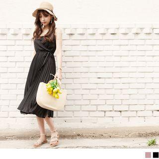 Pleated Waist Tie V-neck Sleeveless Midi Dress