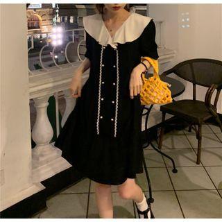 Puff-sleeve Peter Pan Collar Double Breasted Loose Fit Dress Black - One Size