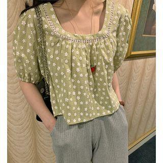 Square Neck Cut Out Embroidered Puff Short Sleeve Shirt Green - One Size