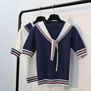 Short-sleeve Tie-neck Knit Top