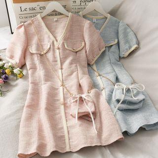 Puff-sleeve V-neck Mini Shirtdress With Mini Crossbody Bag