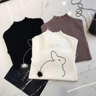 Rabbit Embroidered Mock Neck Short-sleeve Knit Top