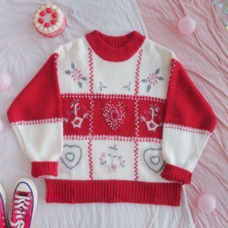 Embroidered Two-tone Sweater 1 Pc - Sweater - Red & White - One Size