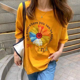Elbow-sleeve Floral Lettering Print T-shirt