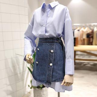 Set: Striped Long Shirt + Mini Denim Skirt