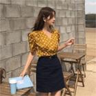 V-neck Puff-shoulder Dot Blouse