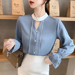 Faux Pearl Buttoned Contrast Trim Chiffon Blouse
