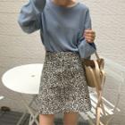 Crew-neck Long-sleeve Knit Top / Leopard Print A-line Skirt