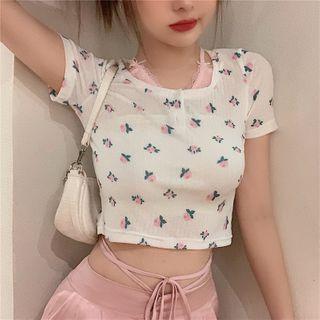 Floral Print Short-sleeve Cropped Top / Wide-leg Pants