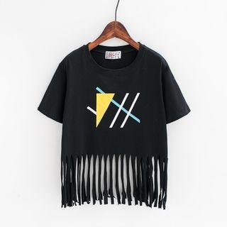Printed Fringe Hem Cropped Short Sleeve T-shirt